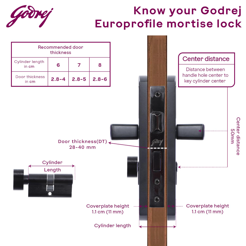 Godrej Mortise Lock I EuroProfile 60mm Cylinder | Double Throw Deadbolt | Common Keys | Reversible Latch | Matte Black Finish | Anti-Corrosion Brass Body | 5 Year Warranty